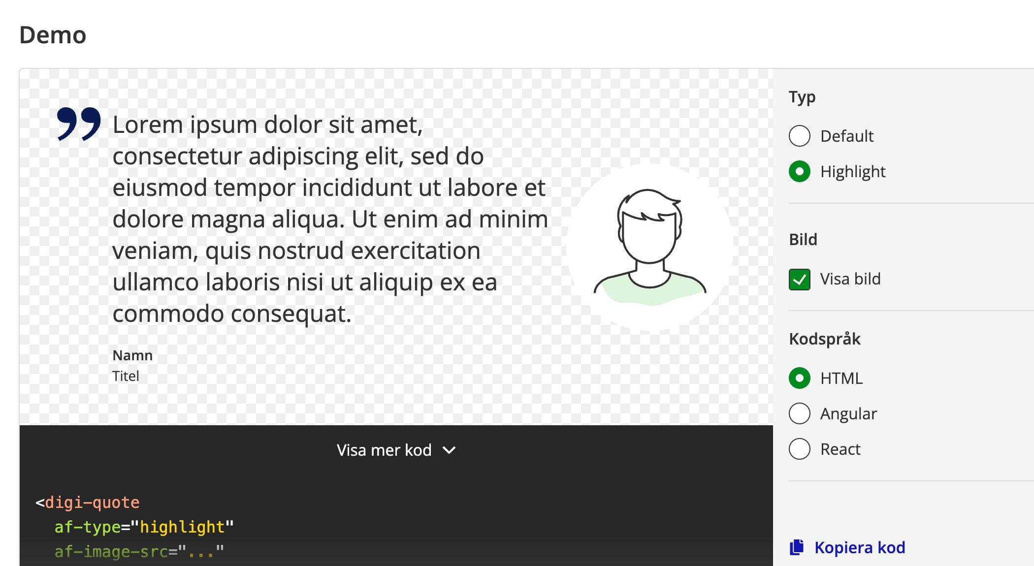 Demon av digi-quote i varianten highlight, med inställningar och kod