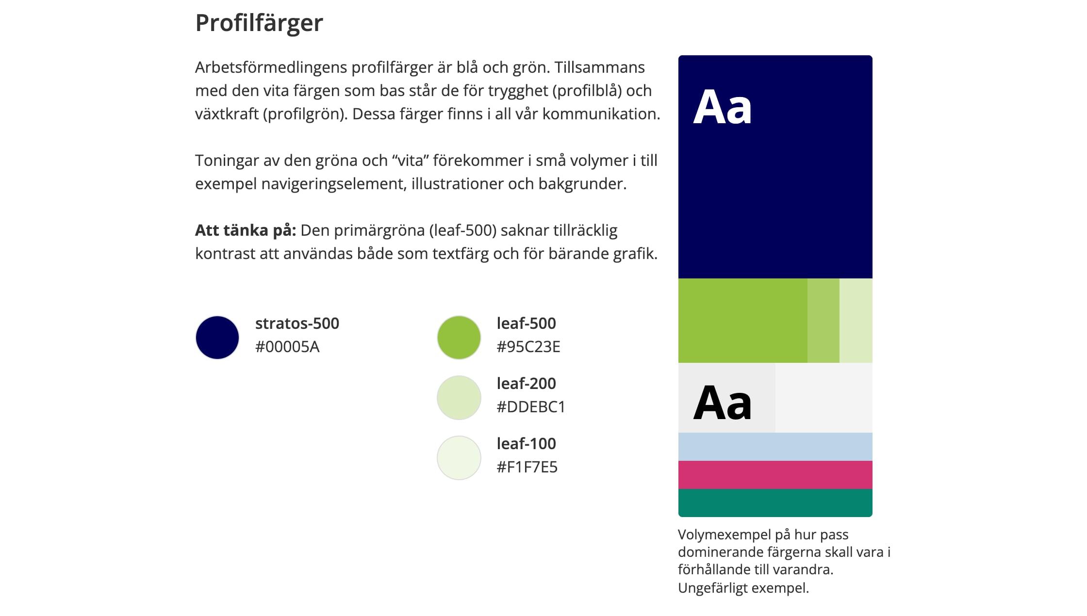 Sidan Webbfärger med Arbetsförmedlingens profilfärger i färguppsättningen Af-18